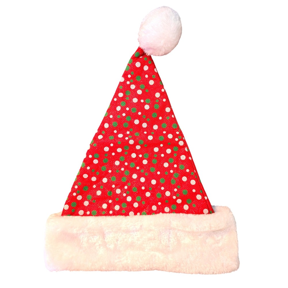 NWOT Red Polka Dot Unisex Santa Hat Plush Trim White Pom Pom‎ Christmas Holiday